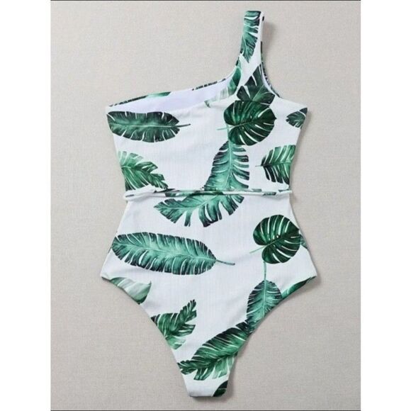 Leaf Print One Shoulder Tummy control Bathing Suit Sz X-large - Picture 3 of 5
